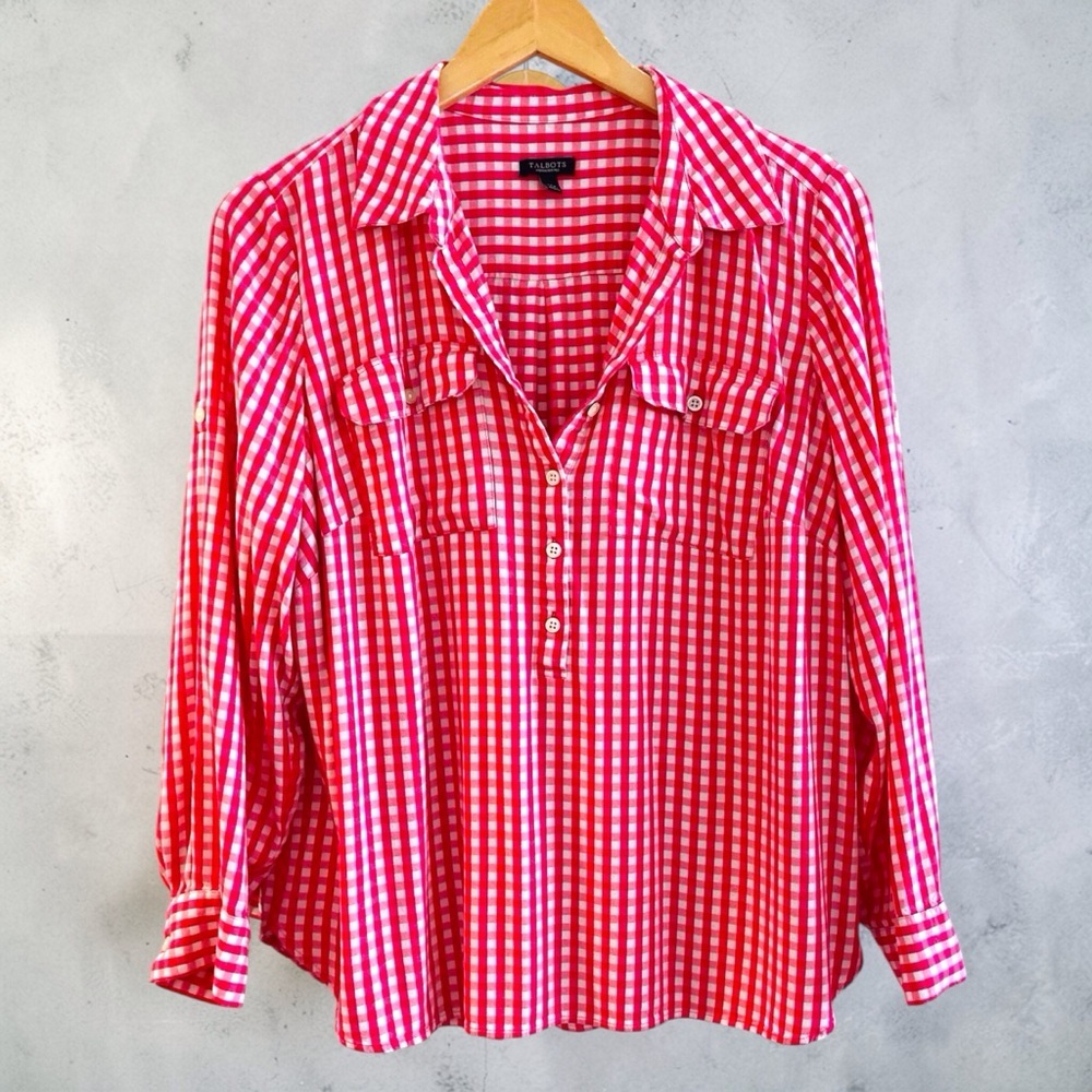 Talbots Woman Petites Gingham Shirt | Size 1XP | Hot Pink & White | Long Sleeve